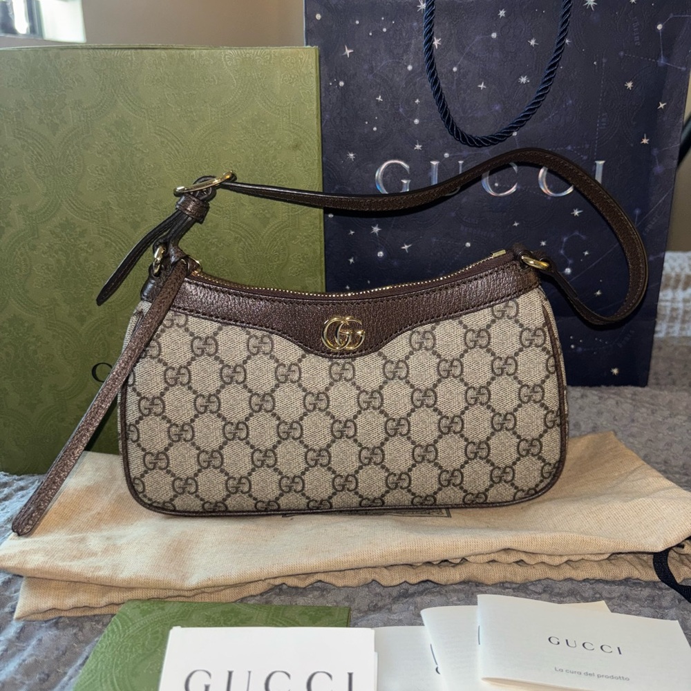 Gucci Brown Leather Trim Shoulder Bag